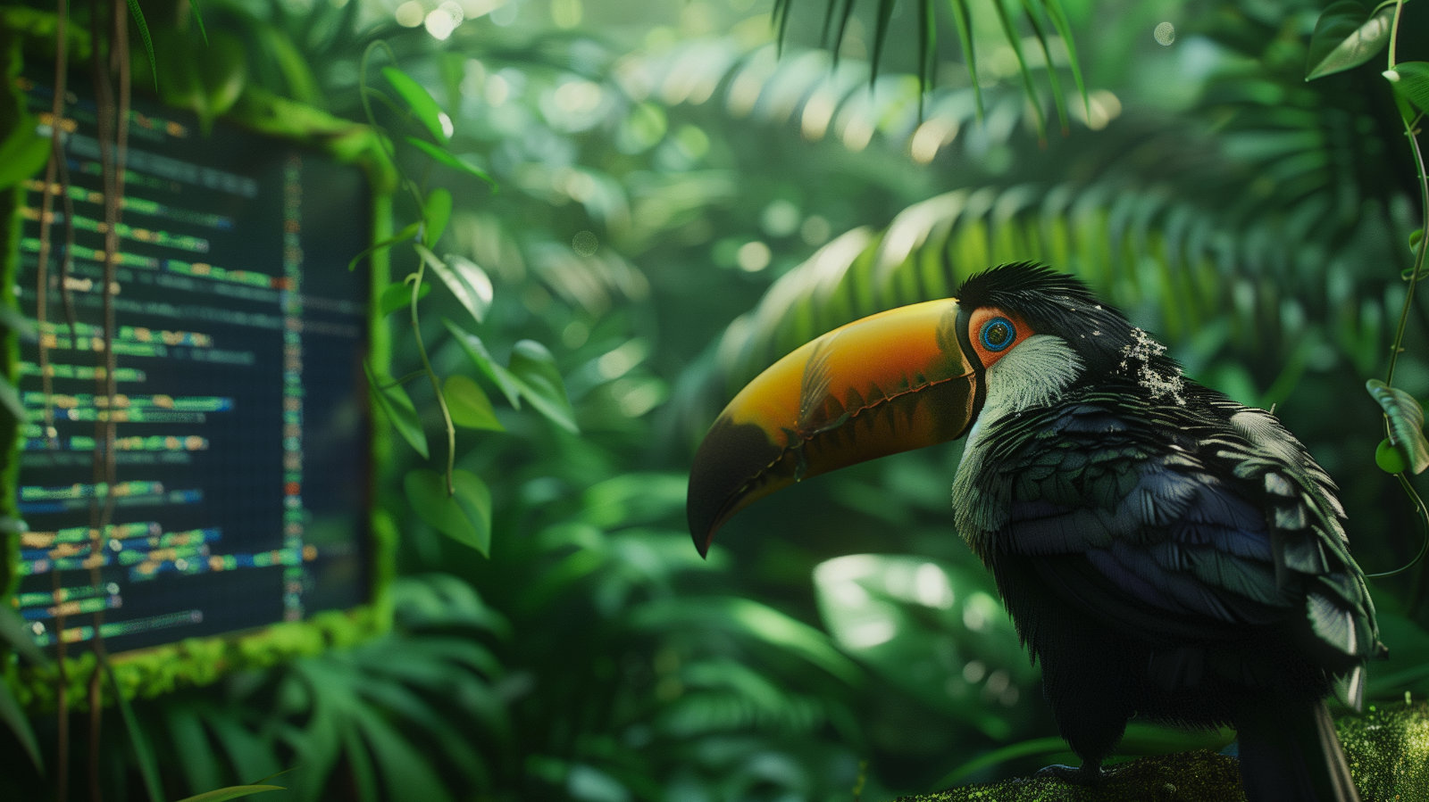 Ein Tukan neben einem Bildschirm im Dschungel