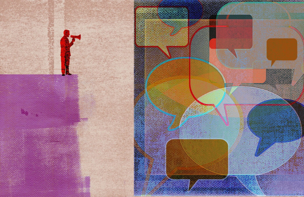 Illustration von einem Mann mit Megaphon. Er kämpft darum, zwischen vielen Sprechblasen gehört zu werden