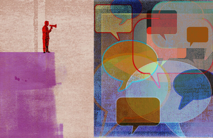 Illustration von einem Mann mit Megaphon. Er kämpft darum, zwischen vielen Sprechblasen gehört zu werden