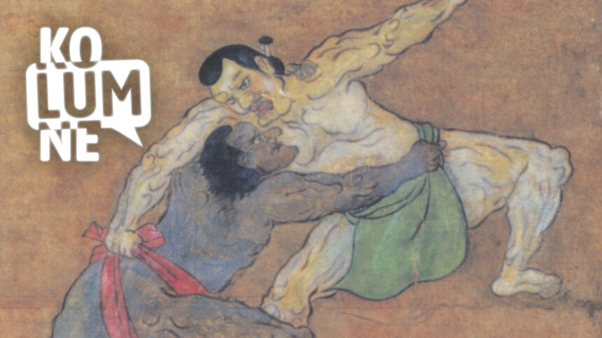 Darstellung eines Sumo-Kampfes, einer der Kämpfer ist Schwarz