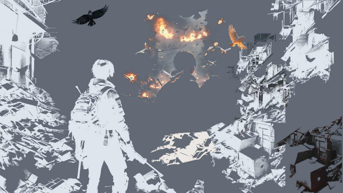 Zu sehen sind Fragmente einer zerstörten Stadt. Im Vordergrund ist eine menschliche Silhouette zu sehen. Zwischen den angedeuteten Formen fliegen Vögel, bei denen es sich um Tauben handeln könnte.