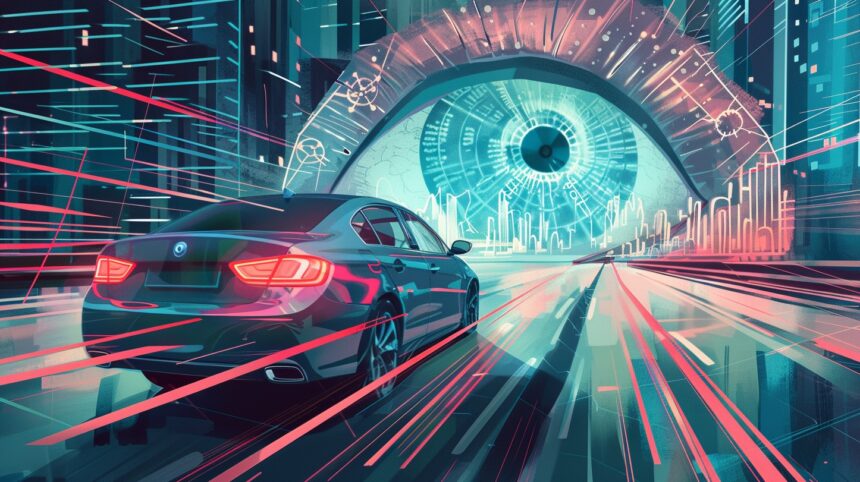 Auto fährt auf ein großes Überwachungsauge zu