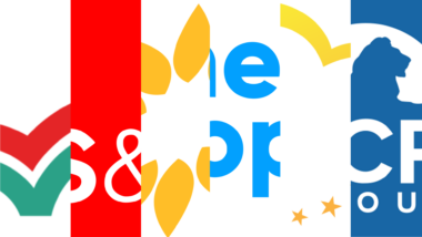 Die Logos von sechs Fraktionen im EU-Parlament als vertikale Ausschnitte