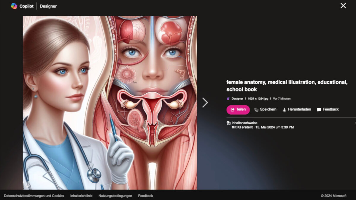 Screenshot zeigt eine anatomisch nicht korrekte, KI-generierte Darstellung weiblicher Anatomie.