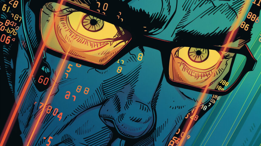 Mann mit Brille im Comicstyle schaut auf etwas, Zahlen im Hintergrund