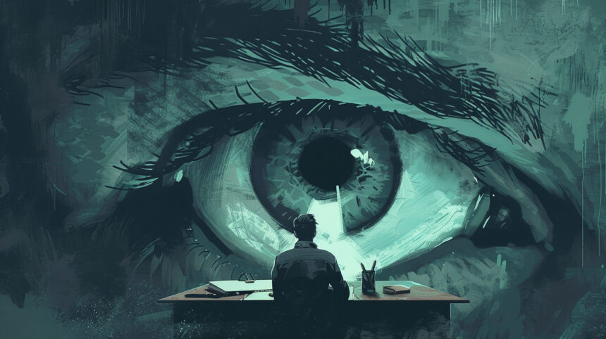 prompt: surveillance eye looking over the shoulder of somebody writing a letter, dark illustration