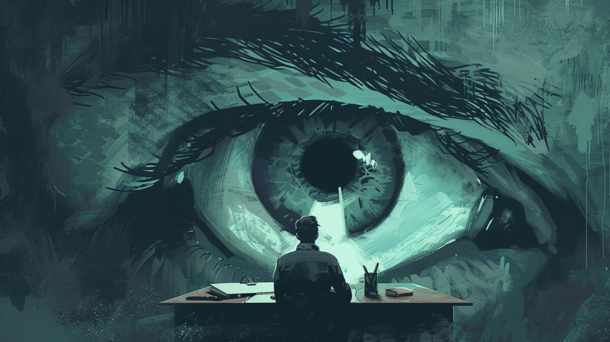 Surveillance Eye looking at a person writing a letter.