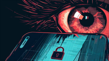 Prompt: a padlock on a smartphone screen, in the background a huge surveillance eye, illustration