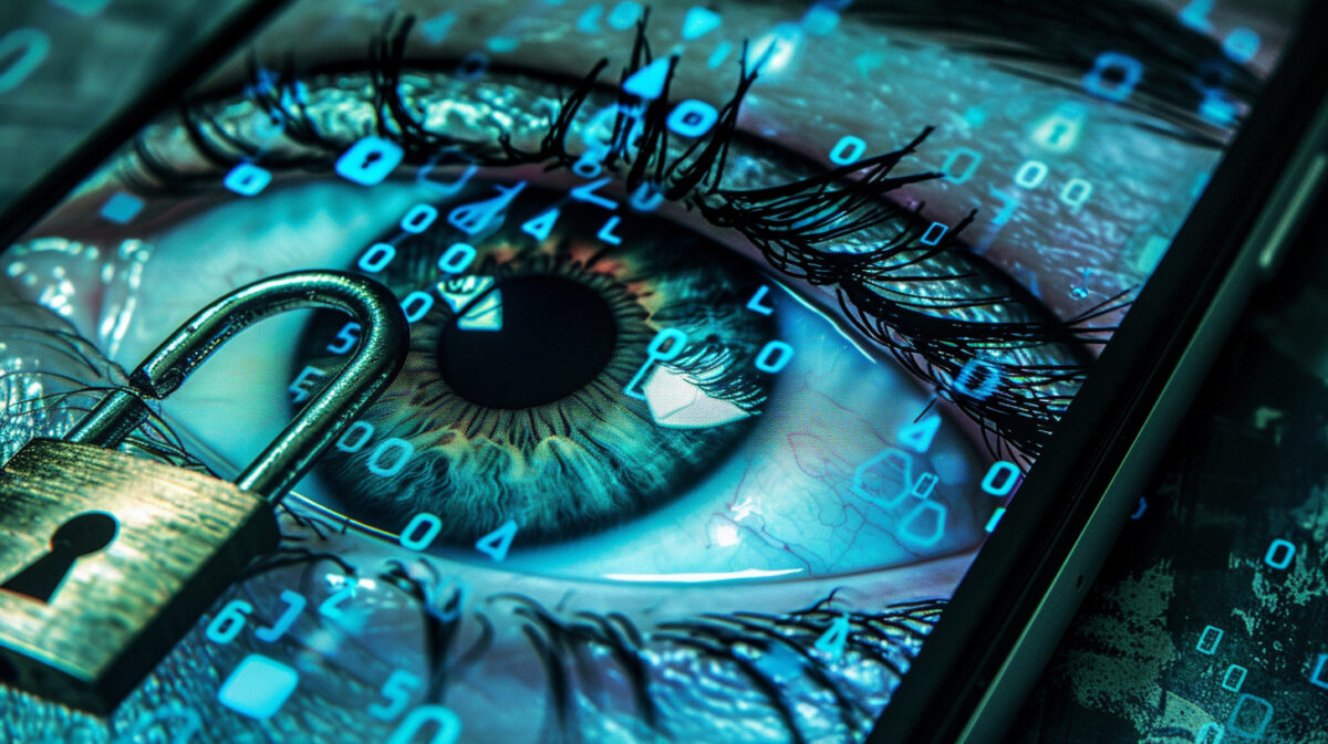 Prompt: a padlock on a smartphone screen, in the background a huge surveillance eye, illustration --ar 16:9