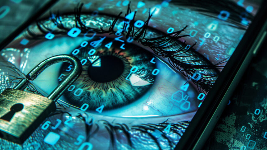 Prompt: a padlock on a smartphone screen, in the background a huge surveillance eye, illustration --ar 16:9