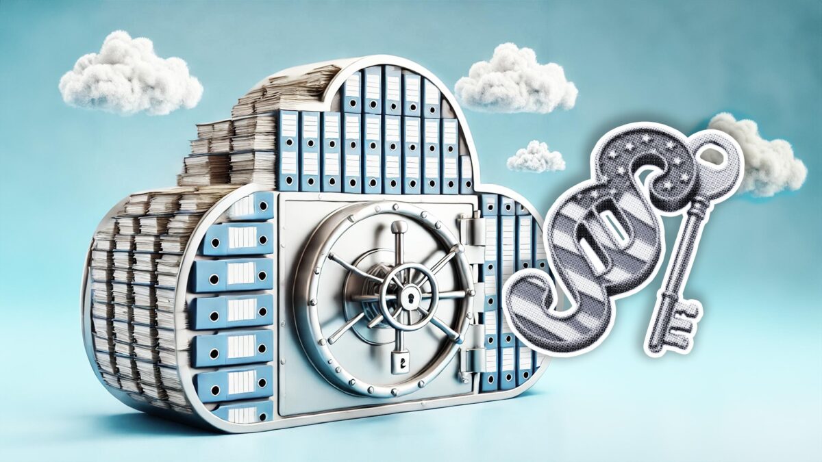 ein Tresor mit vielen Aktenordnern in Wolkenform, davor ein Paragraphen-Zeichen mit angehängtem Schlüssel