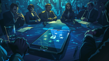 People in suits sit around a negotiating table, an oversized smartphone showing a padlock in the middle