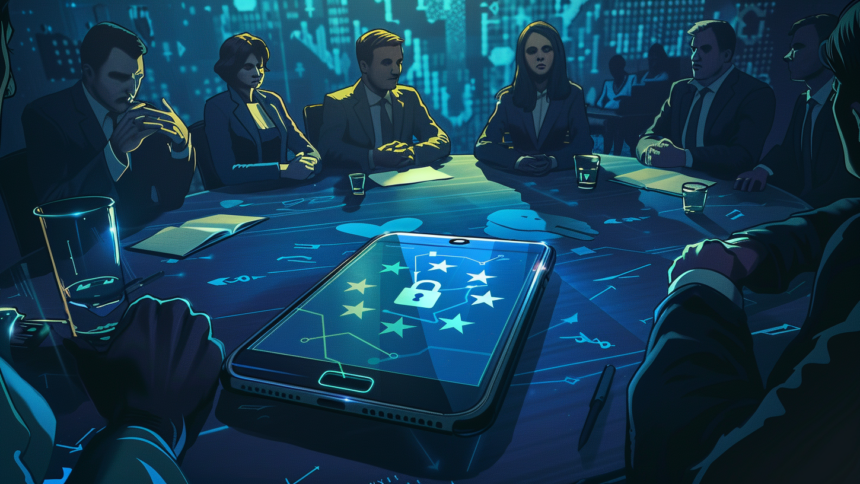 Menschen in Anzügen sitzen in einem Cybermäßig dekorierten Raum, auf dem Tisch vor ihnen ein übergroßes Smartphone.