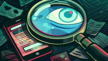 Prompt: magnifying glass looking at a smartphone, on the smartphone screen chat messages, comic, dark and evil