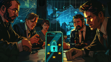 People sitting around a table with a large map in the background. In the foreground a smartphone showing a padlock.