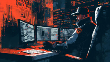 Prompt: police man looking at a computer, encryption sign with padlock, ciphers, code, illustration, --ar 16:9 Job ID: 089c33d3-053b-4006-a205-a15e4b63ca15