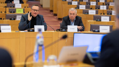 Stefan Berger und Markus Ferber sitzen in einem Ausschusssaal des EU-Parlaments. Berger argumentiert, Ferber hört zu.