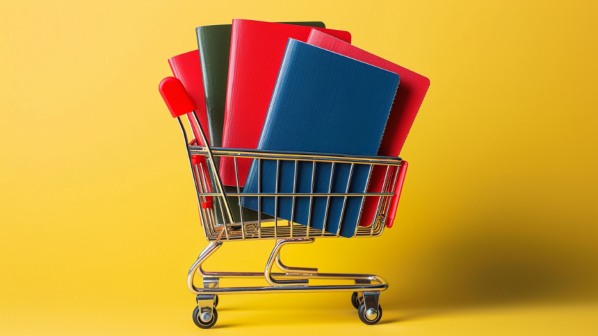 a silver shopping cart filled with blue and red booklets looking like passports
