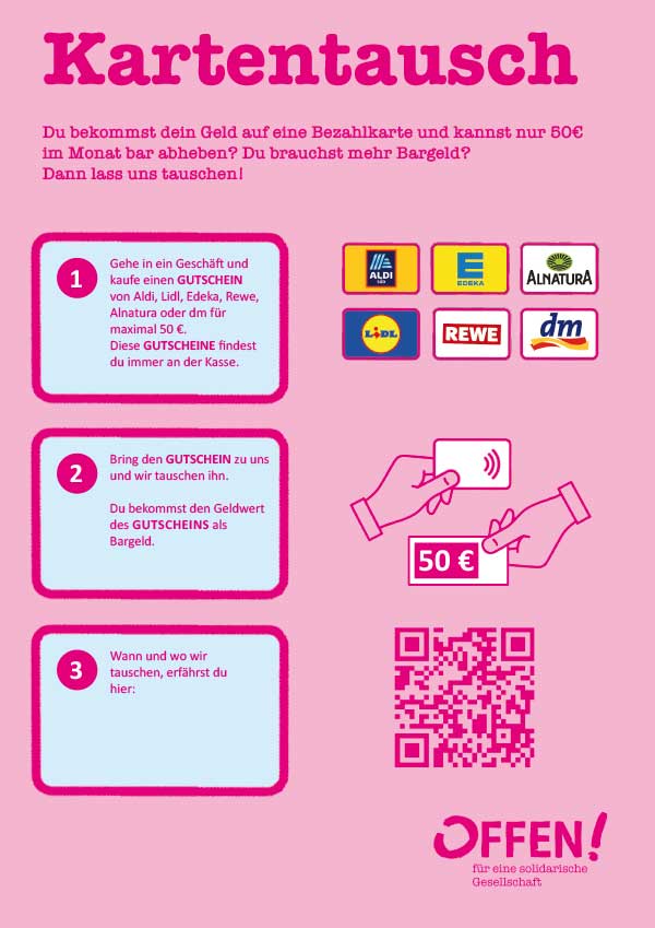 Flyer von "Offen bleiben!" München mit Infos zum Kartentausch