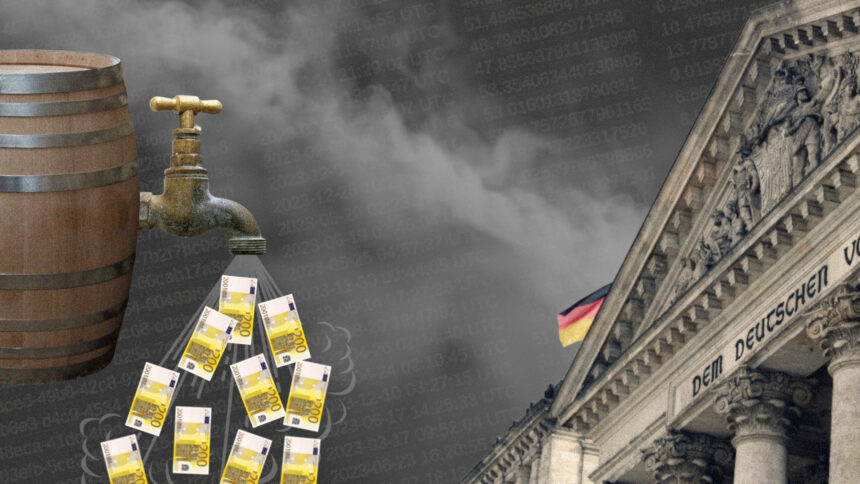 Links ein Fass mit einem Geldhahn, aus dem 200-Euro-Scheine sprudeln. Rechts das Reichtstagsgebäude, Sitz des Bundestags.