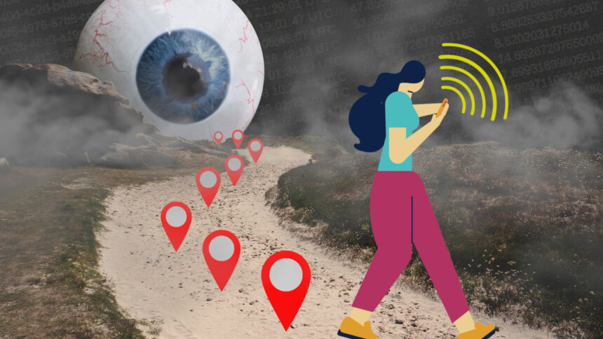 Die Collage zeigt eine Frau, die auf ihr Handy schaut. Wie geht einen Wanderweg entlang. Hinter ihr auf dem Weg erstrecken sich Ortsmarken, die zeigen, dass sie getrackt wurde. Vom Handy gehen Signale aus. Am Horizont ist ein Auge.