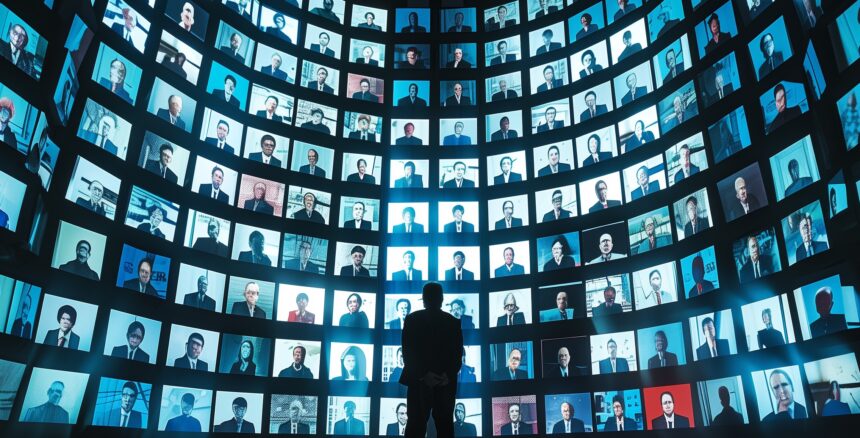 Mensch steht vor einer riesigen Wand von Monitoren, Ansicht von hinten.