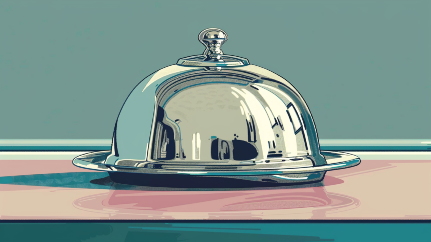 A waiter's cloche with metal cupola stands on a table, closed.