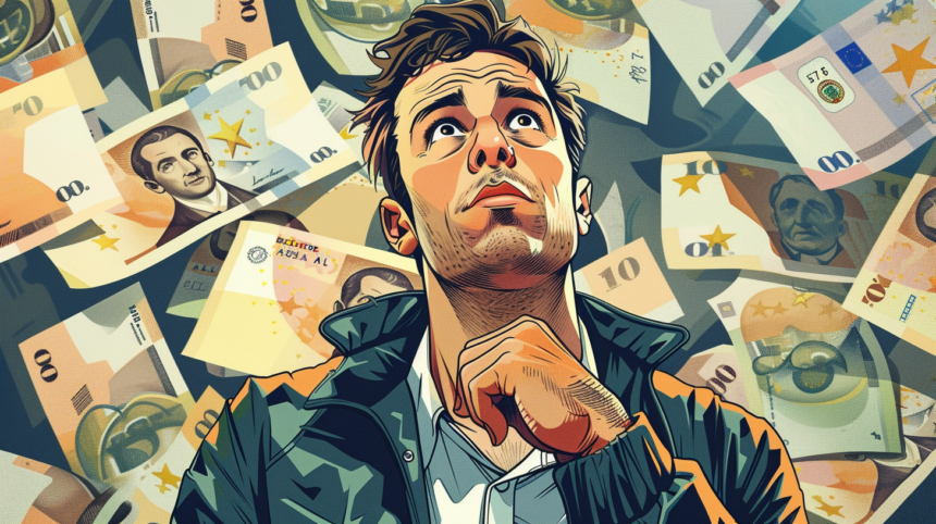 Ein Mann schaut mit fragendem Gesichtsausdruck in den Himmel, während hinter ihm Banknoten zu Boden fallen.