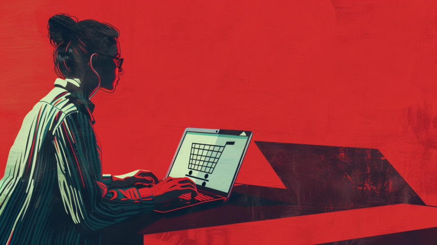 Eine junge Frau sitzt vor einem Laptop, auf dem ein Einkaufswagen zu sehen ist.