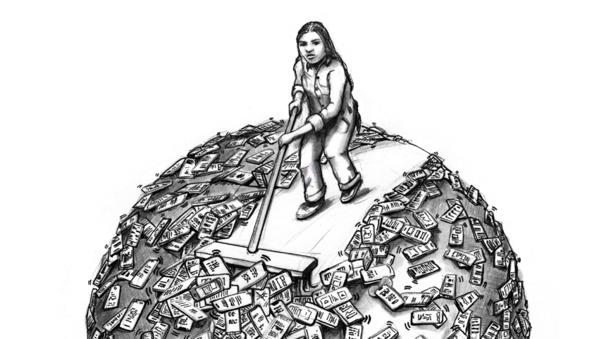 A person with long hair on a small round planet cleaning the floor full of smartphones