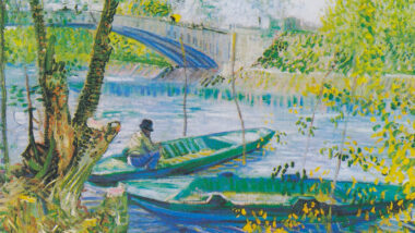 Ein impressionistisches Gemälde von Vincent van Gogh, das Angler und Boote an der Pont de Clichy zeigt