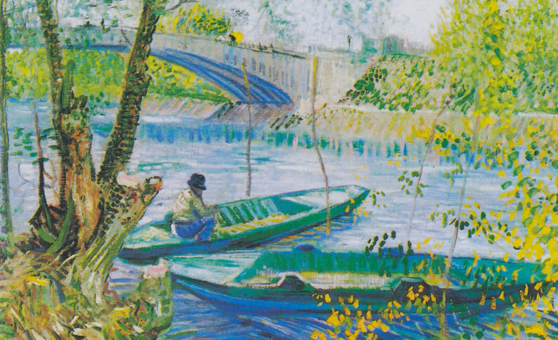 Ein impressionistisches Gemälde von Vincent van Gogh, das Angler und Boote an der Pont de Clichy zeigt