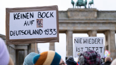 Demoschild, auf dem steht: "Keinen Bock auf Deutschland 1933", vor dem Brandenburger Tor.