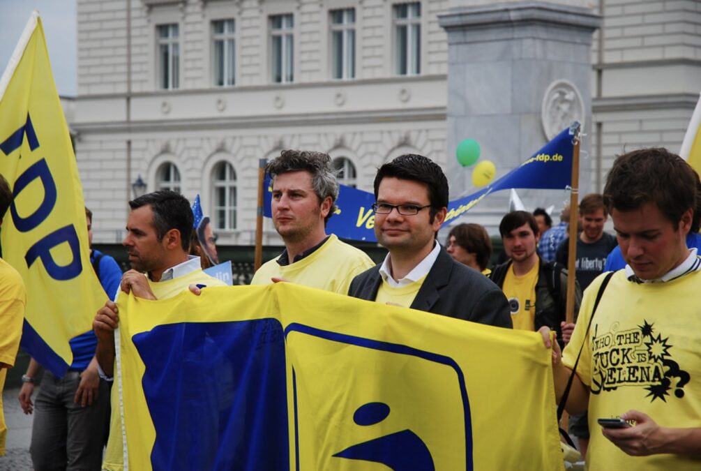 FDP-Politiker bei der Bürgerrechtsdemonstration "Freiheit statt Angst", in der Mittel der heutige Justizminister Marco Buschmann.