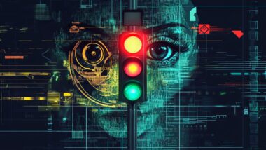 schematic biometric data, face recognition, and a evil surveillance eye, and a German traffic light in the colors red, green, yellow