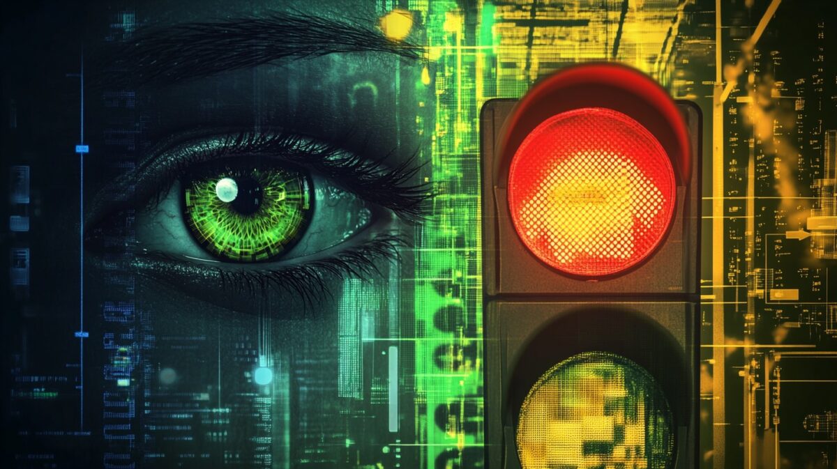 schematic biometric data, face recognition, and a evil surveillance eye, and a German traffic light in the colors red, green, yellow --ar 16:9 --v 6.1 Job ID: 4036eca1-f7ed-4585-9b27-d3cb41ba5d94
