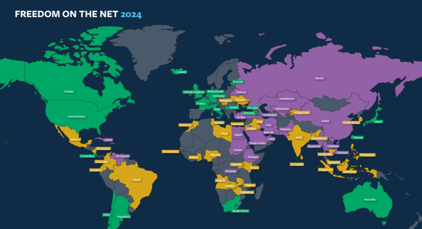Auf einer Weltkarte werden die einzelnen Länder je nach Freiheitsgrad grün, gelb oder lila eingefärbt.