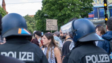 Polizisten von hinten vor eine Demo