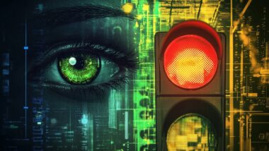 Auge und Ampel, Prompt: schematic biometric data, face recognition, and a evil surveillance eye, and a German traffic light in the colors red, green, yellow