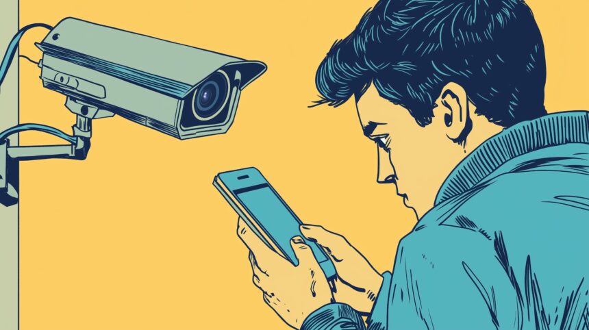 Kamera schaut auf Person, die ein Smartphone in der Hand hält