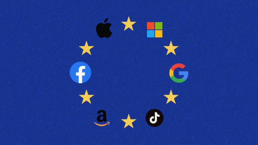 In der Flagge der EU sind sechs Sterne durch die Firmenlogos von Amazon, Google, Apple, TikTok, Facebook und Microsoft.