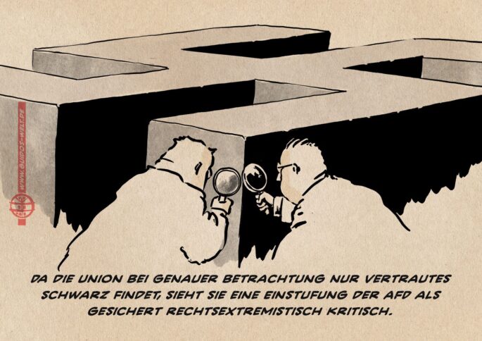 Karikatur gegen den Rechtsruck. Zwei Männer schauen mit einer Lupe auf ein großes Hakenkreuz. Darunter steht: Da die Union bei genauer Betrachtung nur Vertrautes schwarz findet, sieht sie eine Einstufung der AfD als gesichert rechtsextremistisch kritisch."