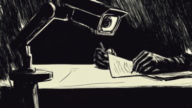 Eine Kamera filmt eine Person, die einen Brief schreibt / Prompt: a surveillance camera filming a person writing a letter, illustration, black outlines