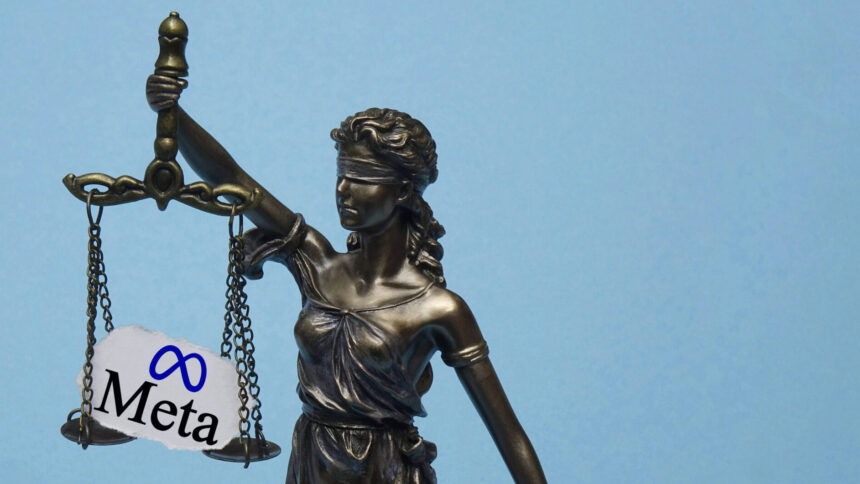 Justitia-Figur, auf deren Waage der Schriftzug "Meta" liegt.