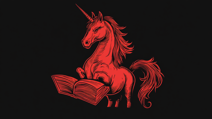 Ein Einhorn vor einem Buch