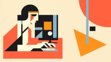 Illustration im Bauhaus-Stil zeigt eine Frau am Computer.