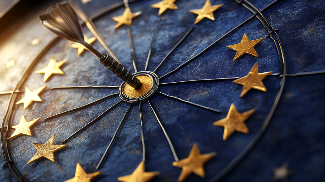 Eine Dart-Zielscheibe im Look der Europäischen Union, baluer Hintergrund und Kreis mit gelben Sternen