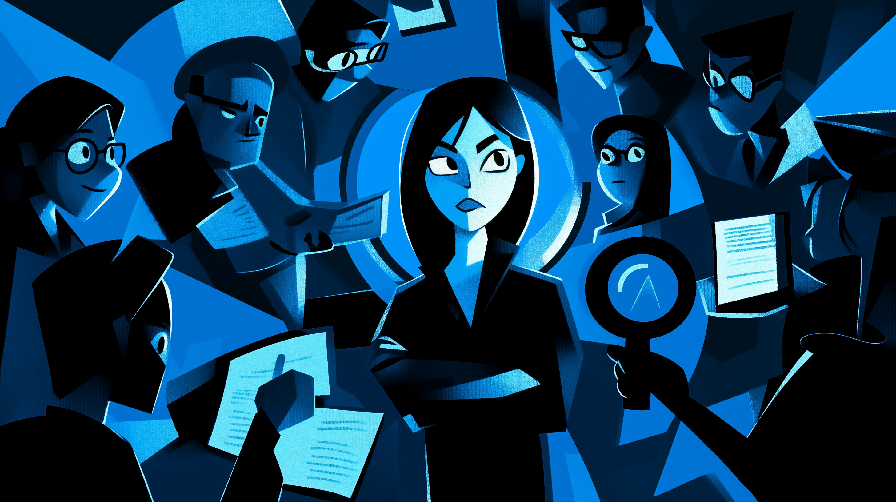 In der Mitte steht eine Frau mit verschränkten Armen, drumherum sind andere Menschen, die sich Notizen zu ihr machen.