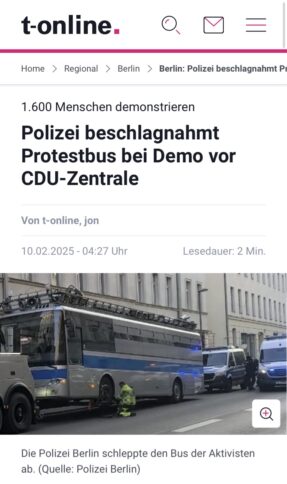 Screenshot t-online, Titelzeile: Polizei beschlagnahmt Protestbus bei Demo vor CDU-Zentrale