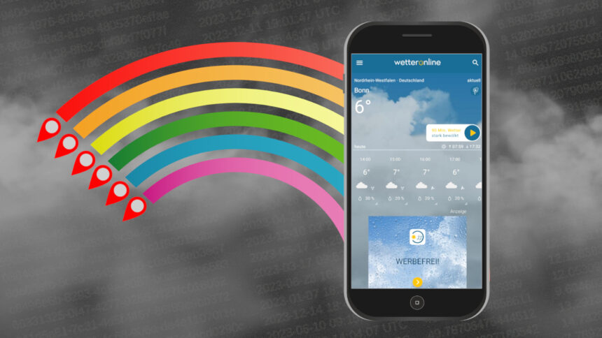 Ein Handy mit der Wetter-Online-App. Aus dem Handy kommen Regenbogen-Farben mit Standort-Stecknadeln.